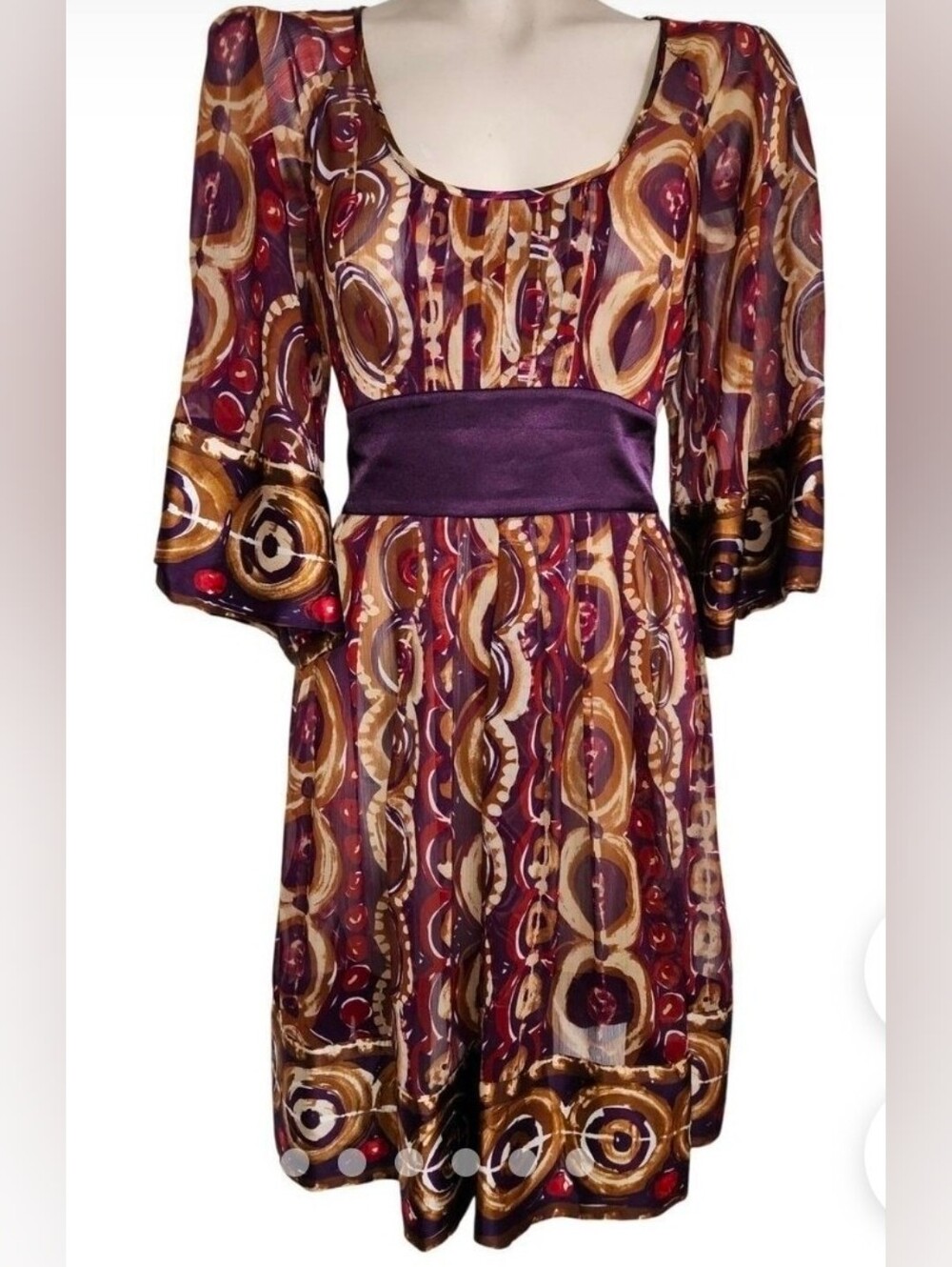 Gianni Bini 2-piece Purple & Gold Geometric Print Mini Dress Kimono Waistband, 4